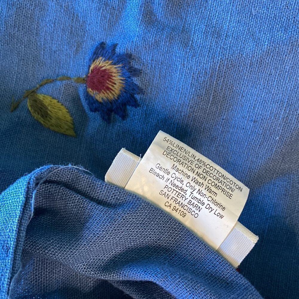 NEW! Pottery Barn Pillow Sham Blue 30” X 24.5” Unused Linen Blend Embroidered